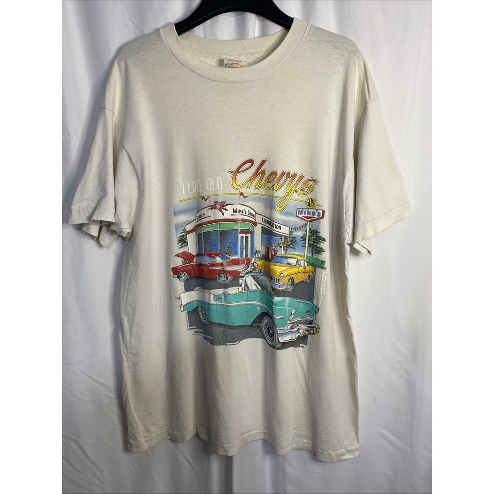 Fruit of the Loom Chevy Graphic T-Shirt Mens XL Cream Good Single Stitch 90s USA